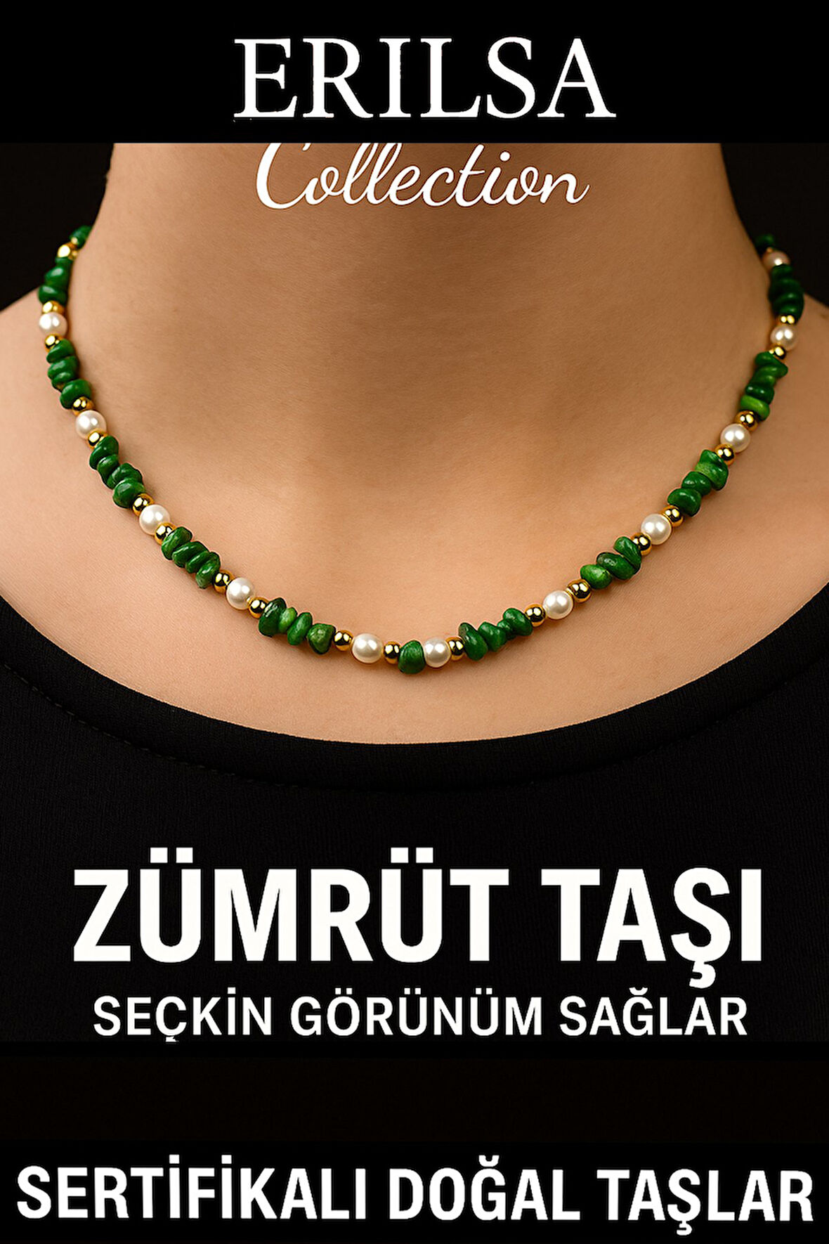 Sertifikalı Kırık Taşlı Model İnci - Zümrüt Taşı Kolye
