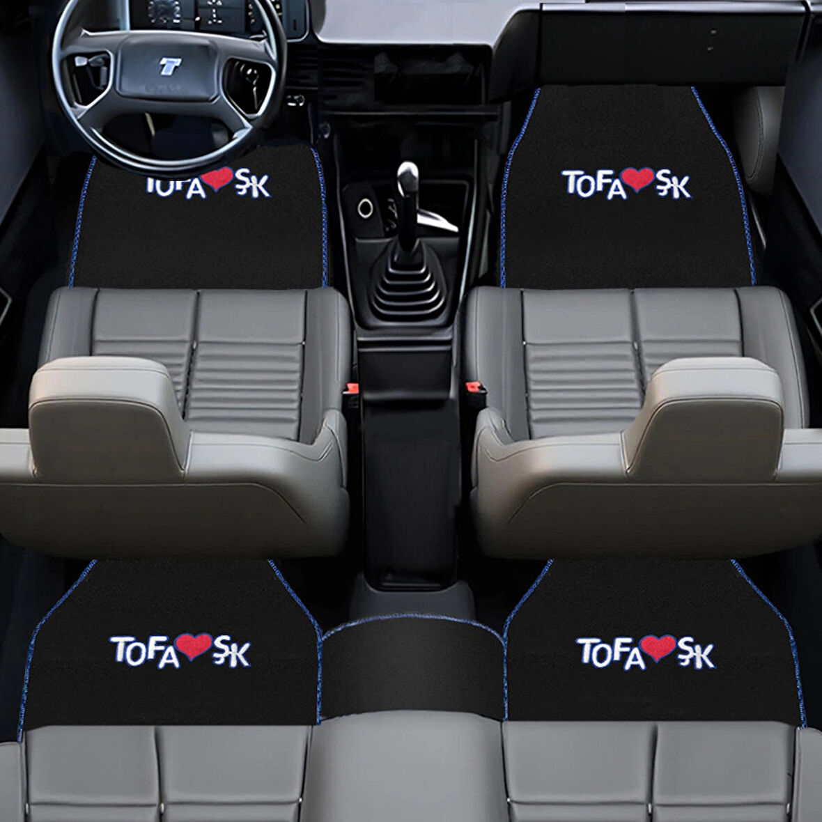  Mavi Kenarlı 5'li Araç Oto Halı Paspas Seti - Ön Arka Takım Siyah Araba Taban Paspas