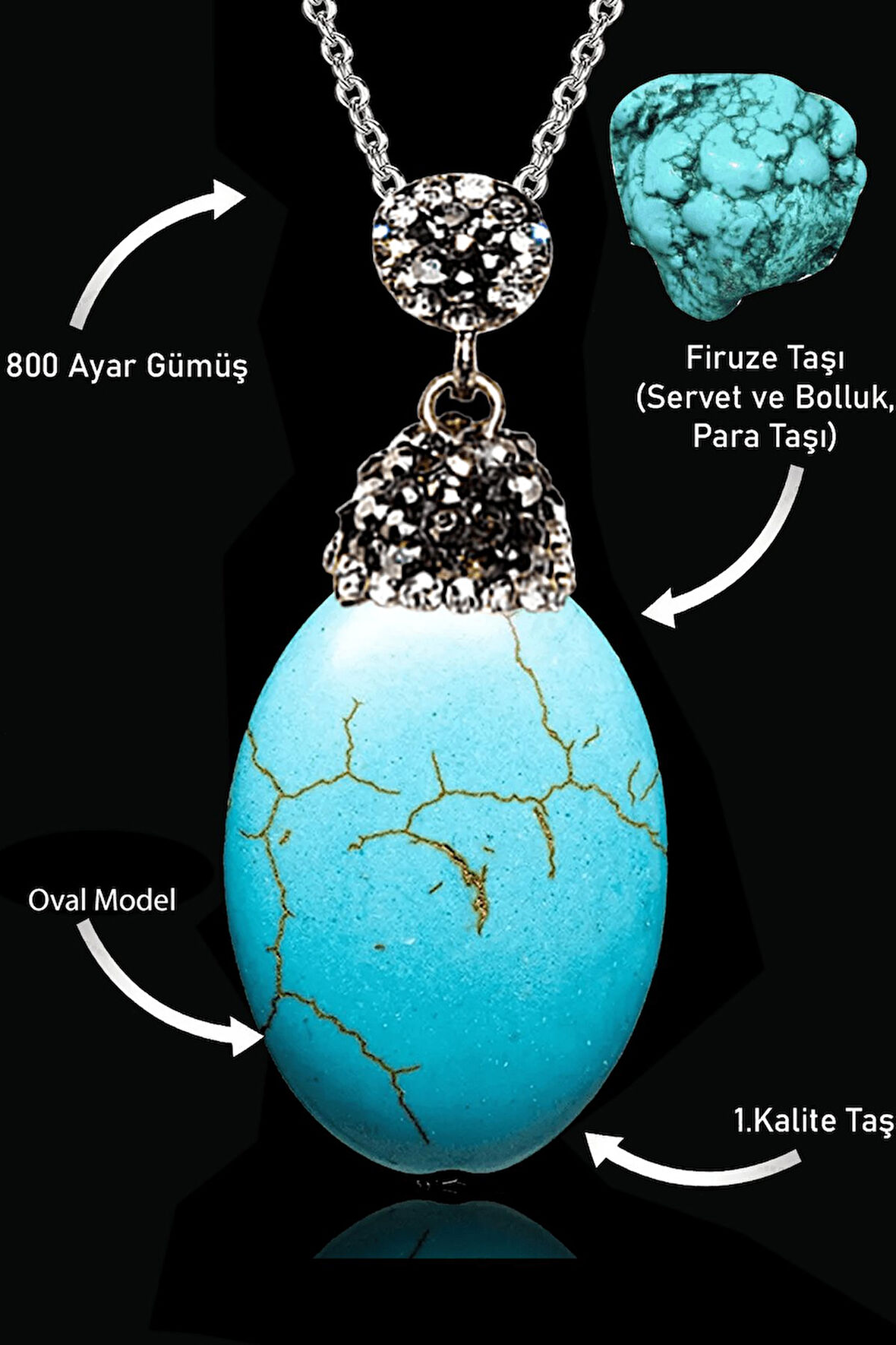 Sertifikalı XL Zirkon Taşlı Oval Model Firuze Taşı Kolye (Turkuaz Taşı)