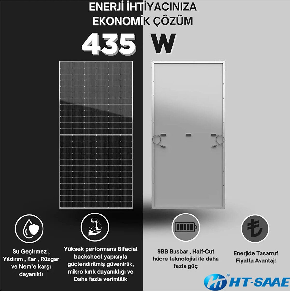 HT-SAAE Ht72-16M 435 Watt Beyaz Arka Yüz Güneş Enerji Paneli Half-cut Yüksek Verimli A Class