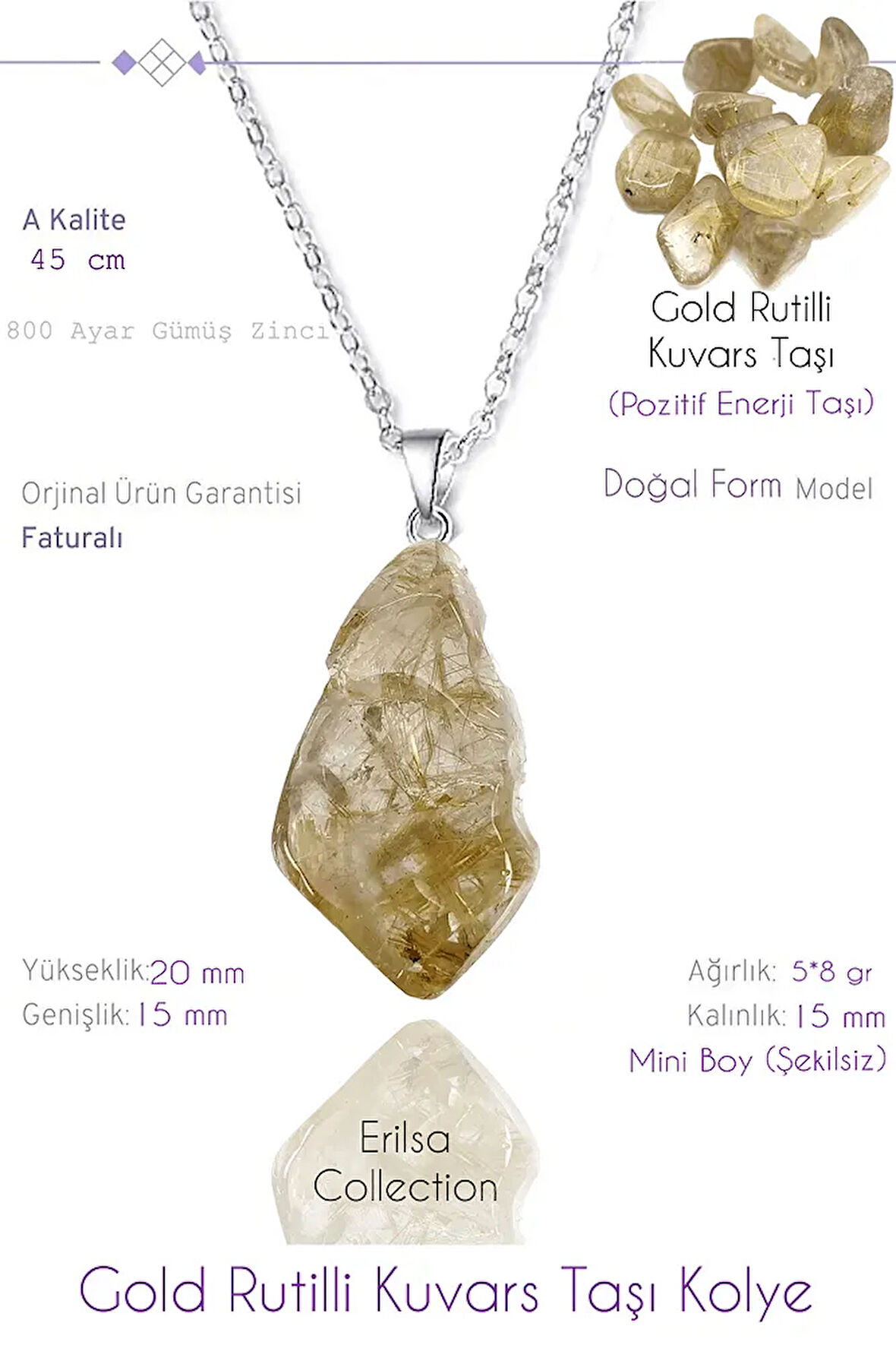 Sertifikalı Tımbıl Model Gold Rutilli Kuvars Taşı Kolye (Mini Boy)