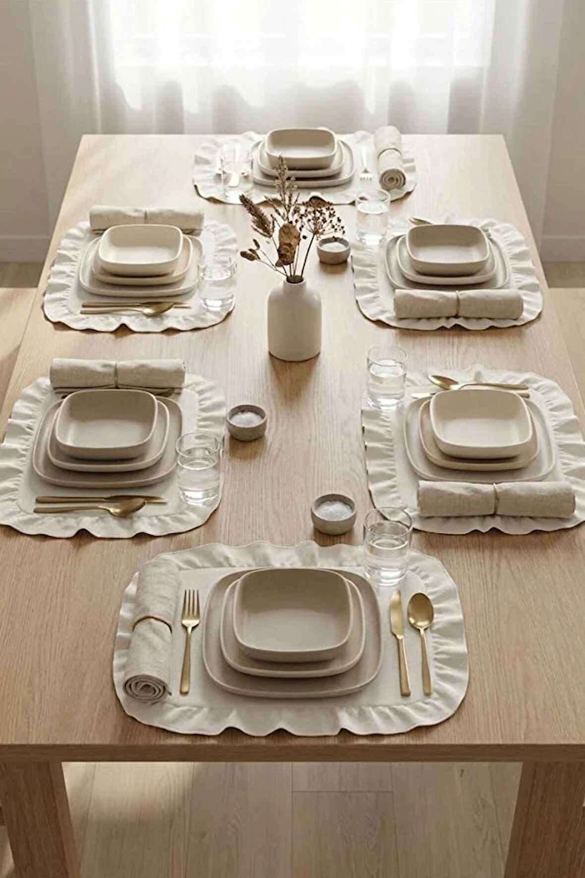 Pamuklu Fırfırlı Kendinden Çizgili Kare Supla 6'lı Set Amerikan Servis 33 Cm Çap Supla