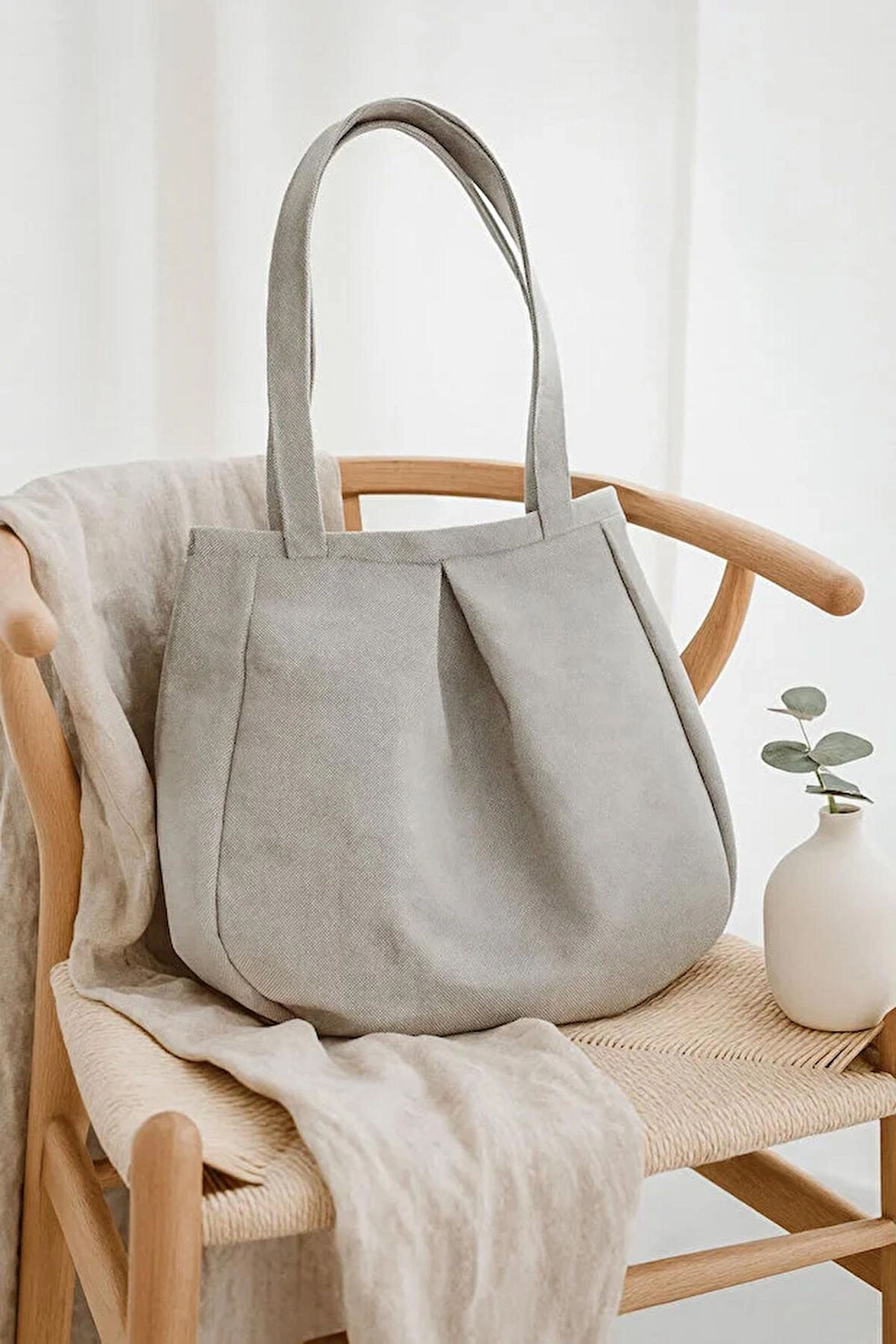 Gri Çok Amaçlı Premium Oversize Düz Orta Boy Kanvas Kadın El ve Omuz Çantası