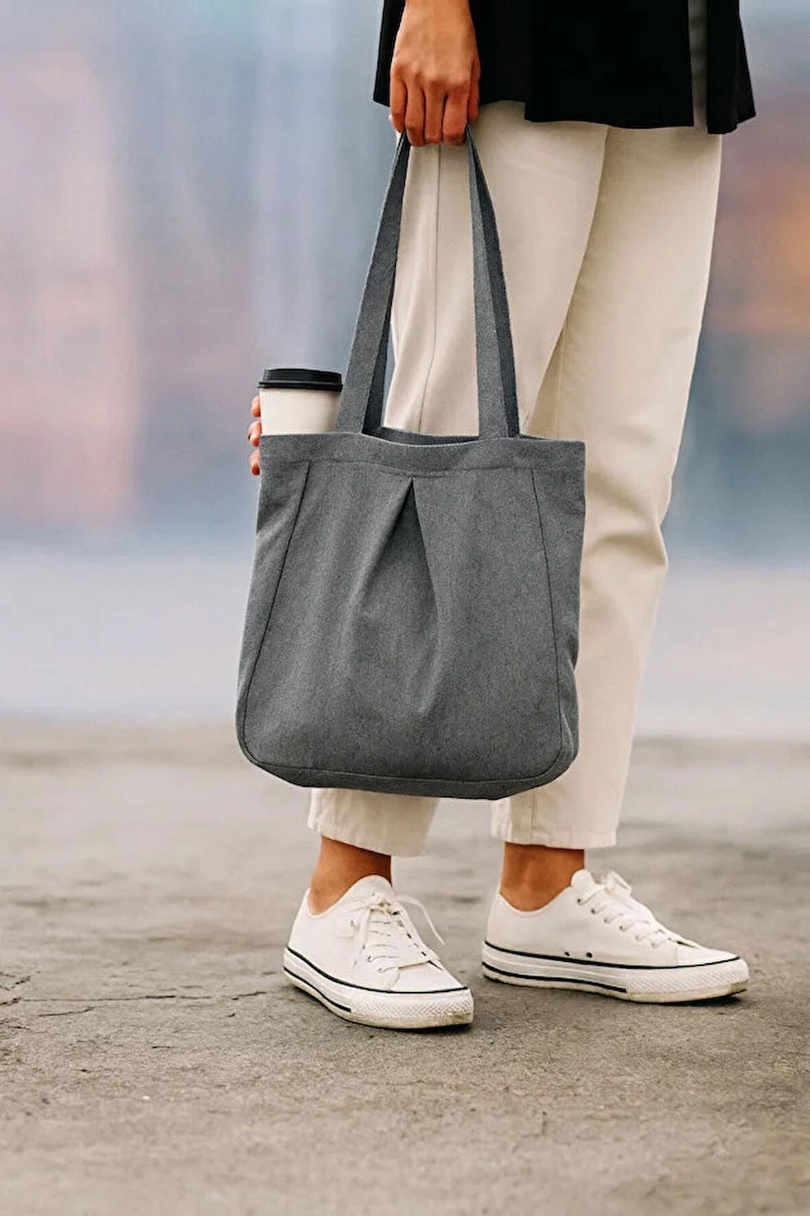 Koyu Gri Çok Amaçlı Premium Oversize Düz Orta Boy Kanvas Kadın El ve Omuz Çantası