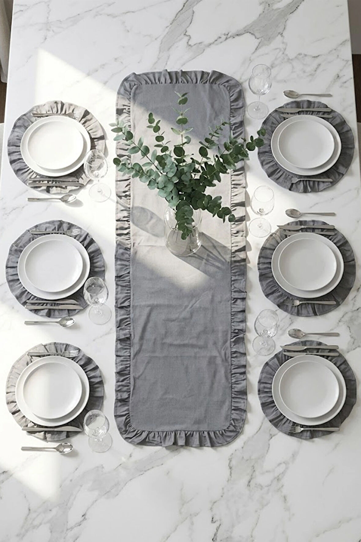 Fırfırlı Runner ve Supla Takımı - Masa Örtüsü Takımı 7 Parça 150x50