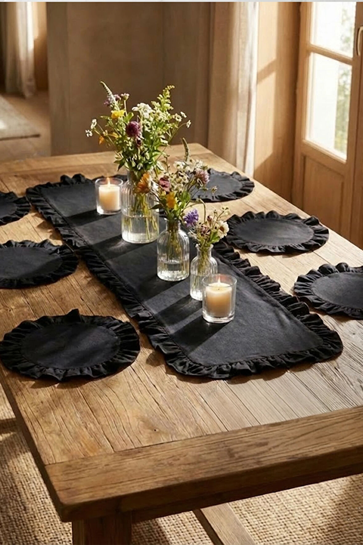 Fırfırlı Runner ve Supla Takımı - Masa Örtüsü Takımı 7 Parça 150x50