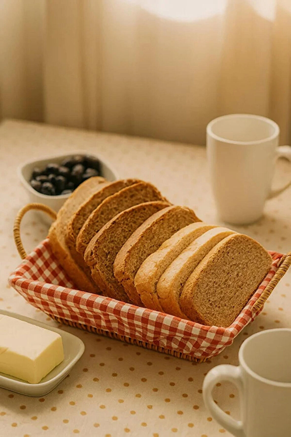 Dikdörtgen Hasır Ekmek Sepeti – Kırmızı Beyaz Kareli Kumaşlı Kahvaltı ve Sunum Sepeti