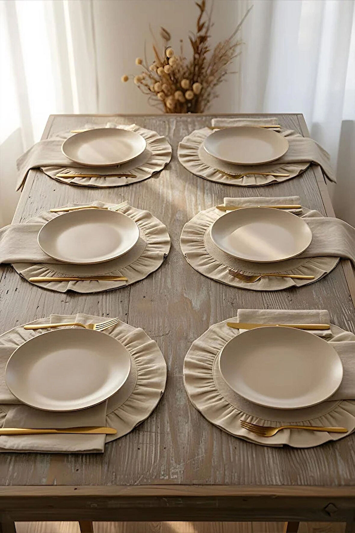 Bej Pamuklu Fırfırlı Supla 6'lı Set Amerikan Servis 33 Cm Çap Supla 6'lı