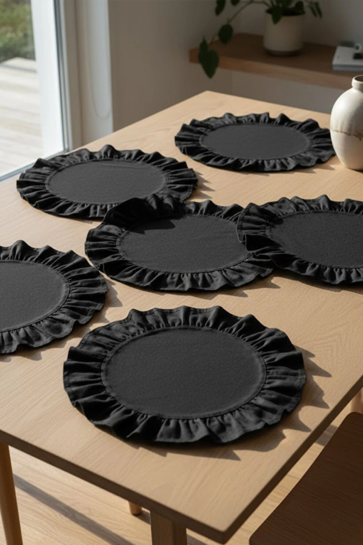 Siyah Pamuklu Fırfırlı Supla 6'lı Set Amerikan Servis 33 Cm Çap Supla 6'lı