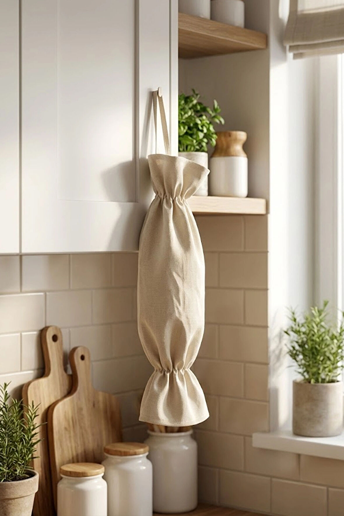 Bej Renk Poşetlik – Mutfak Düzenleyici Askılı Çanta – 50 cm Bez Poşet Saklama Torbası