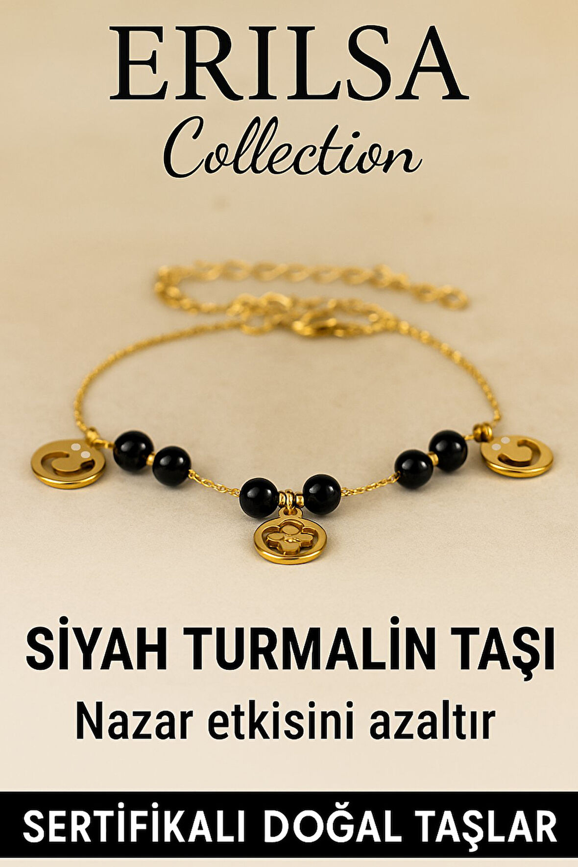 Sertifikalı Siyah Turmalin Taşlı Charm Bileklik – Nazar Enerjisini Azaltır, Koruma Sağlar