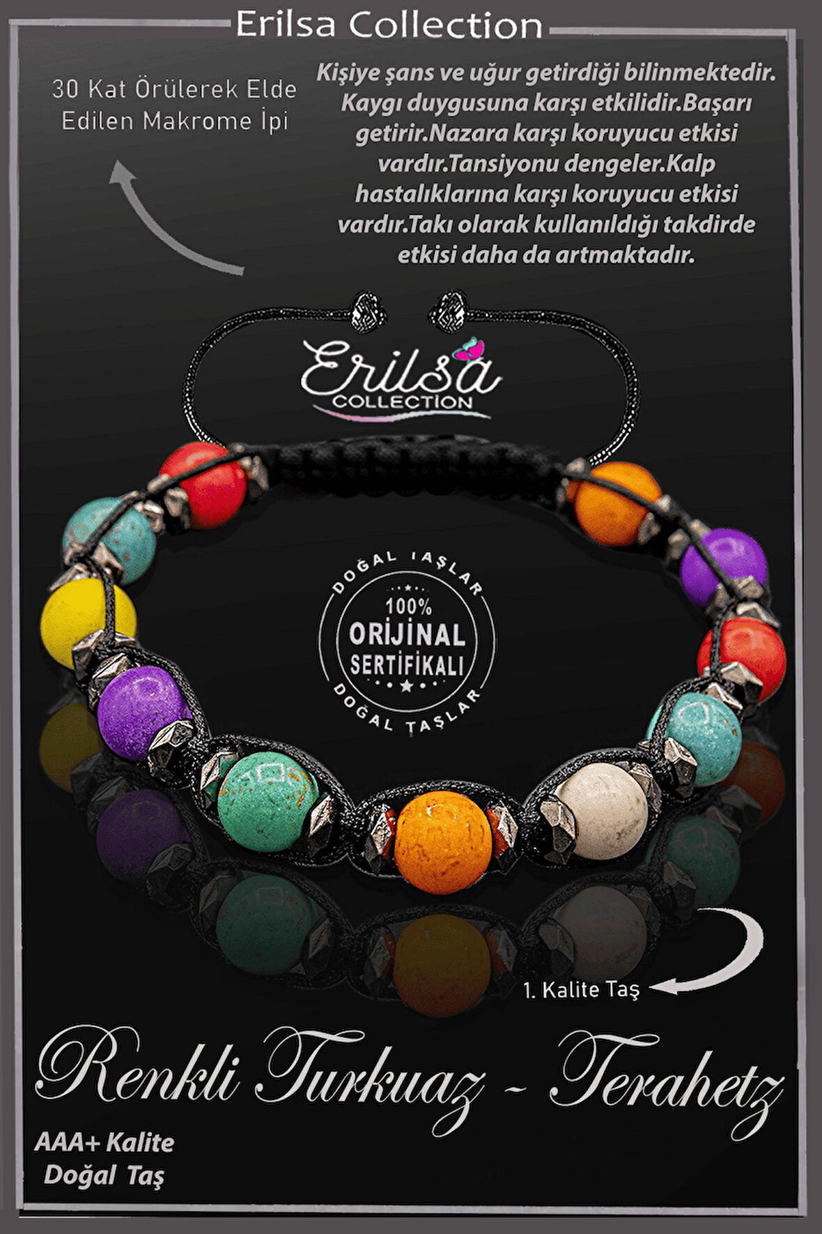 Sertifikalı Terahertz - Multicolor Renkli Turkuaz Taşı Bileklik - Ayarlamalı