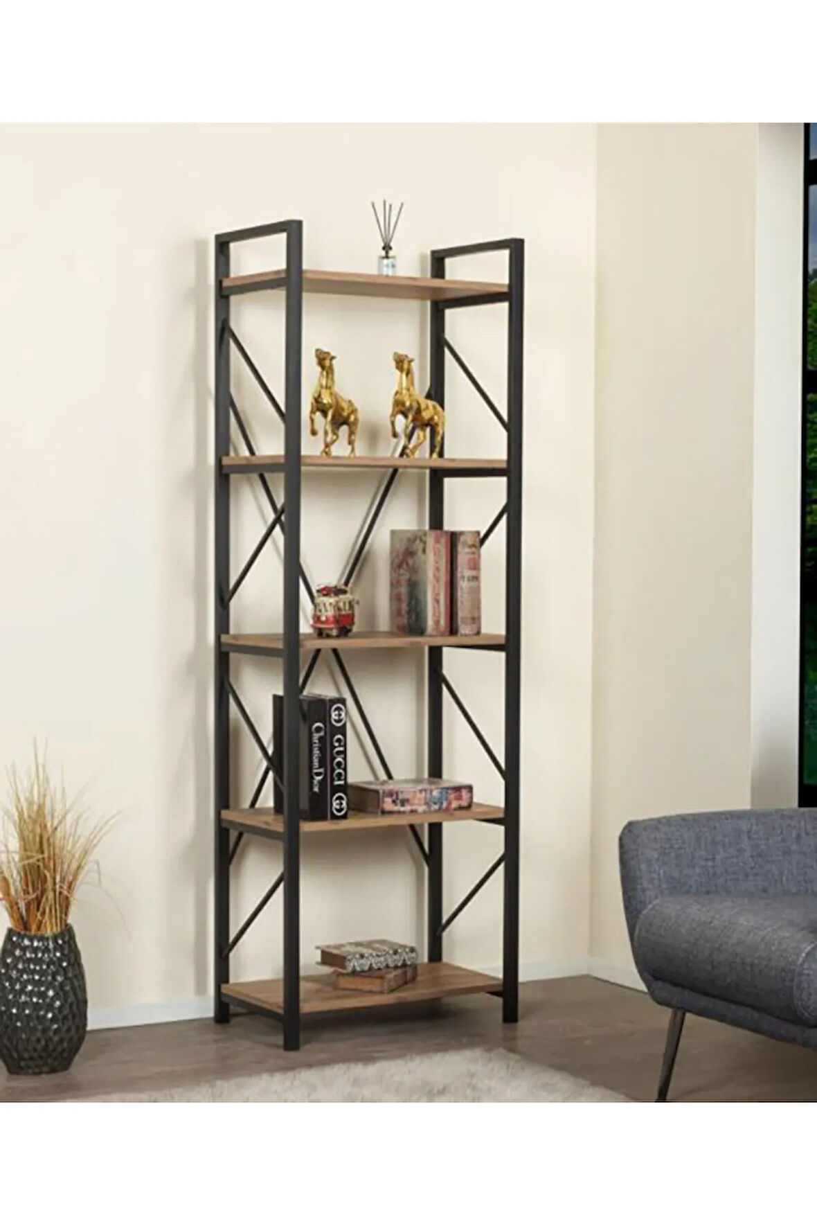 5 RAFLI YANLARI ÇAPRAZ 180X60 KİTAPLIK