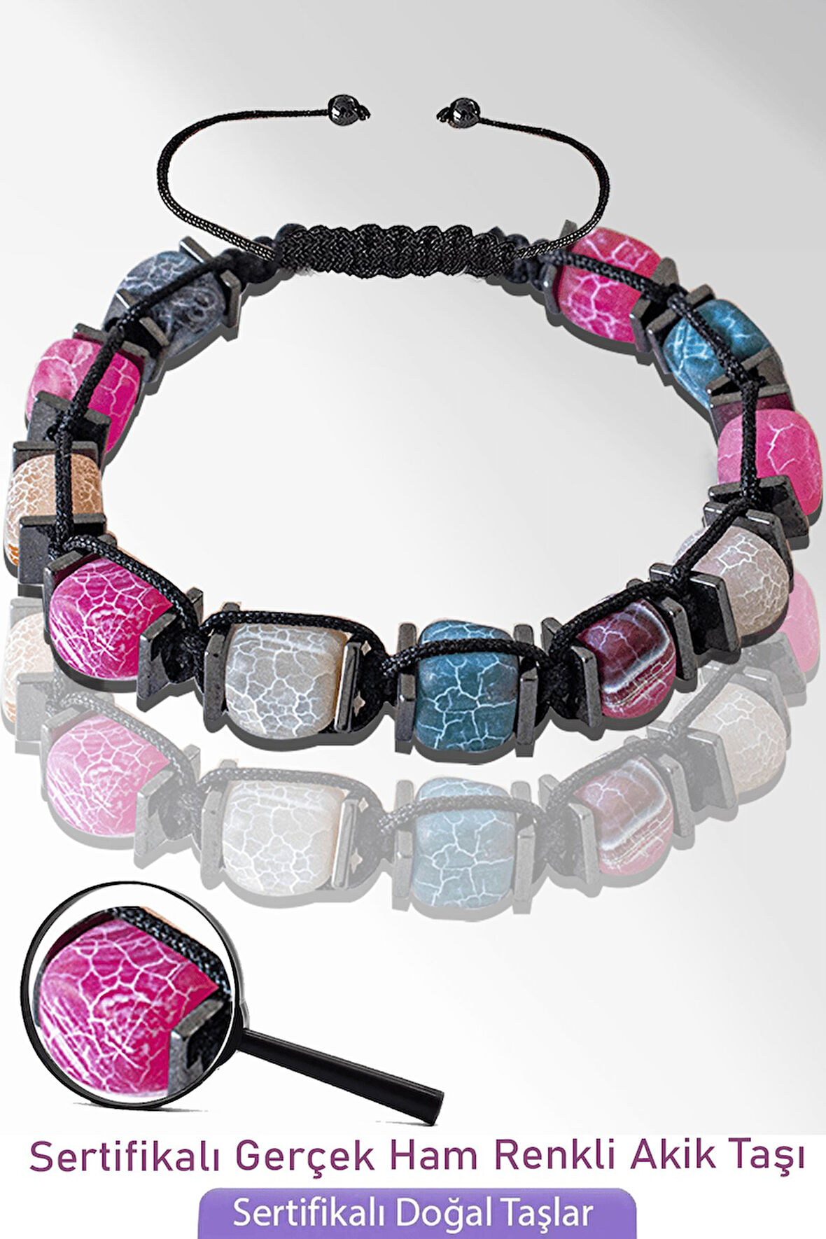 Sertifikalı Küp Model Doğal Ham Renkli Akik Taşı Bileklik - Ayarlamalı