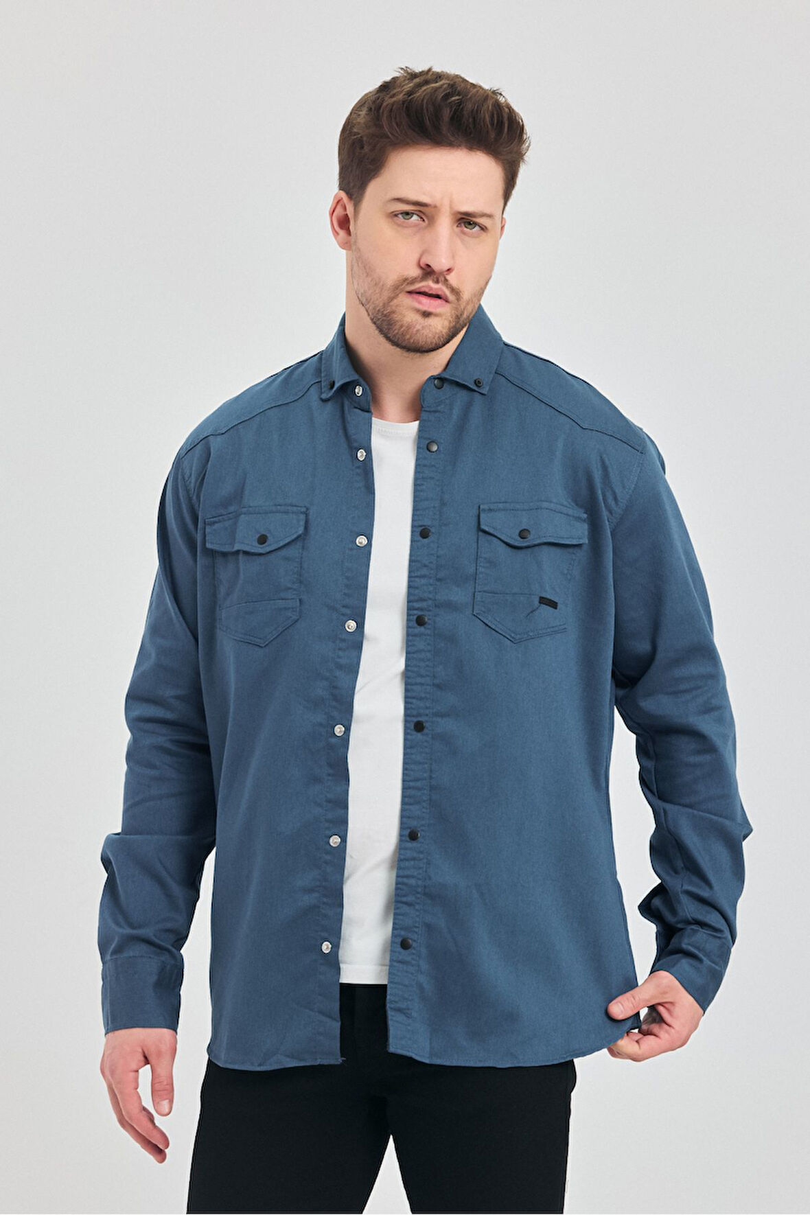 Erkek Likralı Çıtçıtlı Dar Kesim Pamuklu Kot Gömlek