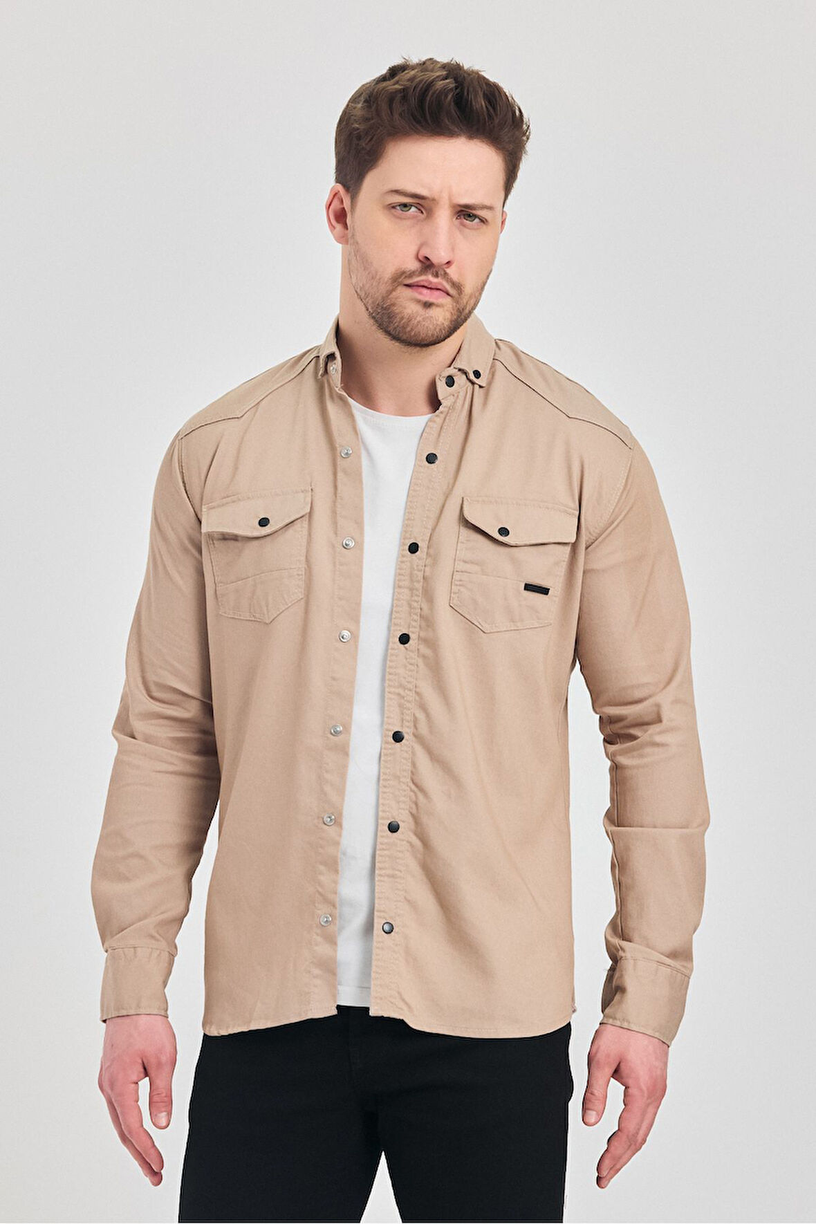 Erkek Likralı Çıtçıtlı Dar Kesim Pamuklu Kot Gömlek