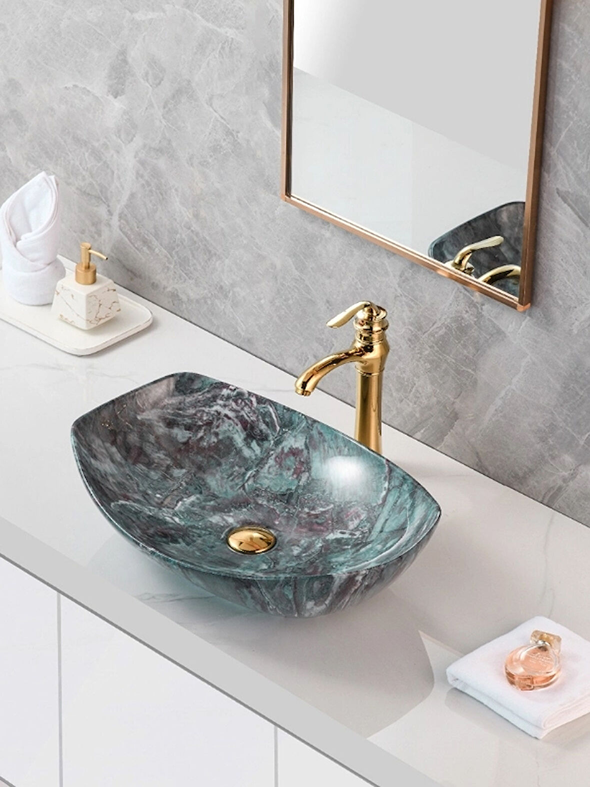 Mermer Desenli Tezgah Üstü Seramik Çanak Lavabo Banyo Lavabosu