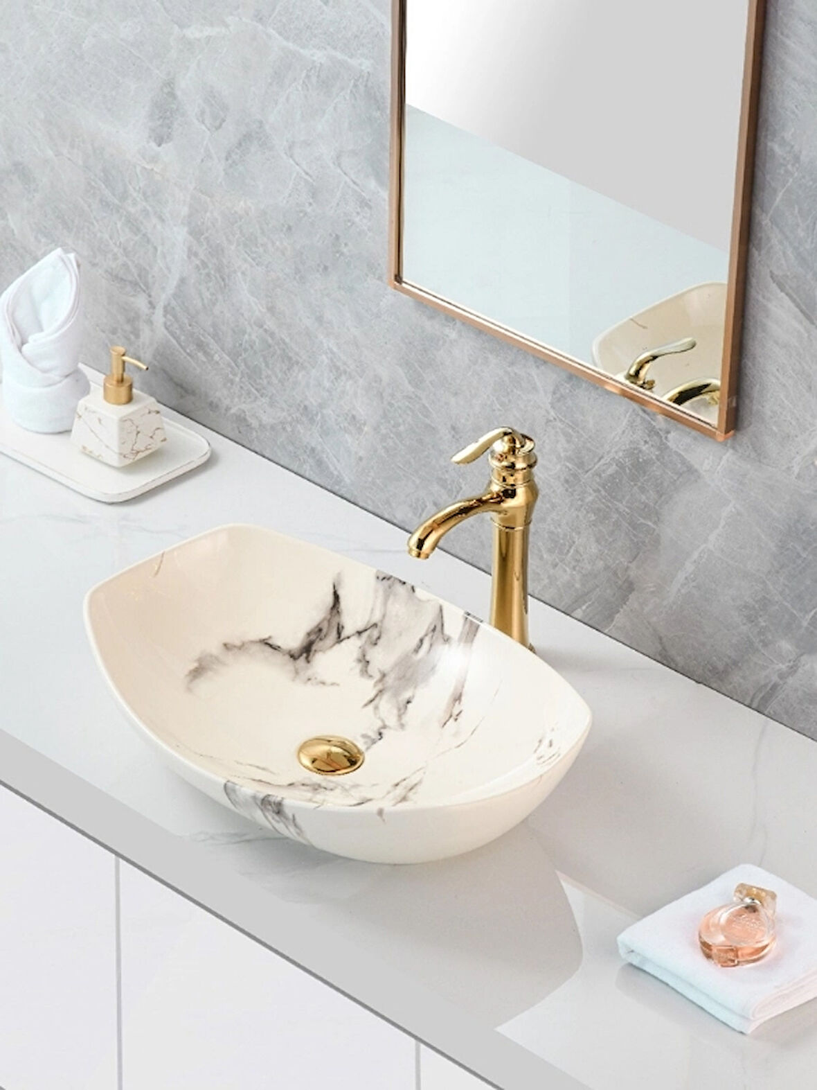 Mermer Desenli Tezgah Üstü Seramik Çanak Lavabo Banyo Lavabosu