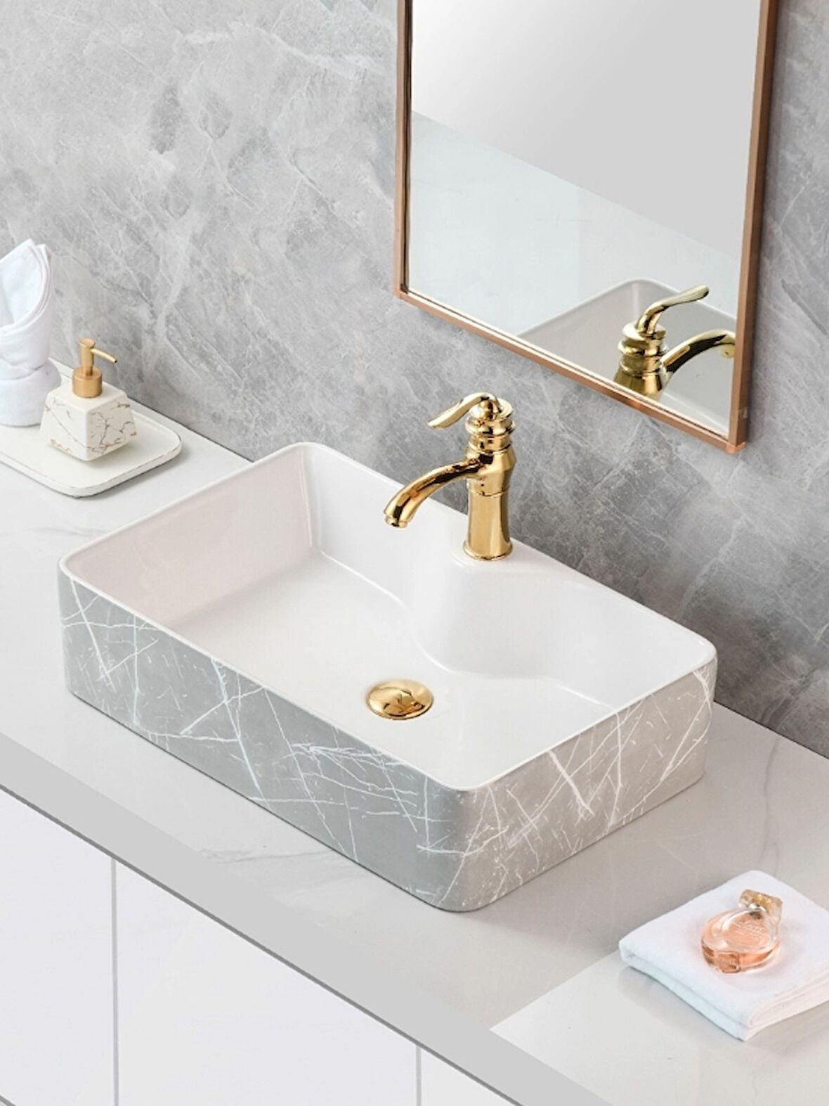 Mermer Desenli Tezgah Üstü Seramik Çanak Lavabo Banyo Lavabosu