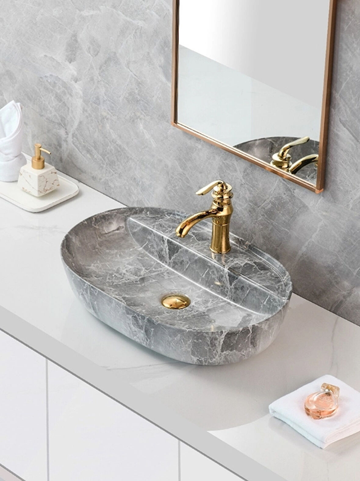 Mermer Desenli Tezgah Üstü Seramik Çanak Lavabo Banyo Lavabosu