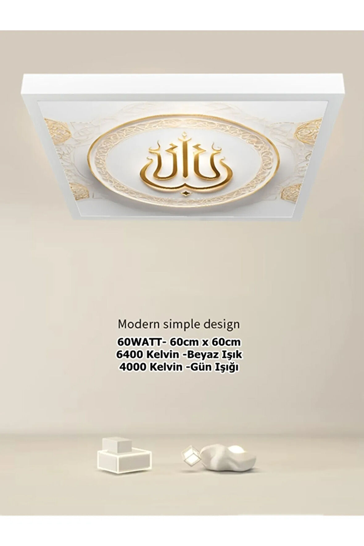 Salon led Avize, Gold Baskı Modern Led Armatür, 60cmx60cm Kare, 60watt, Beyaz Işık, led armatür,