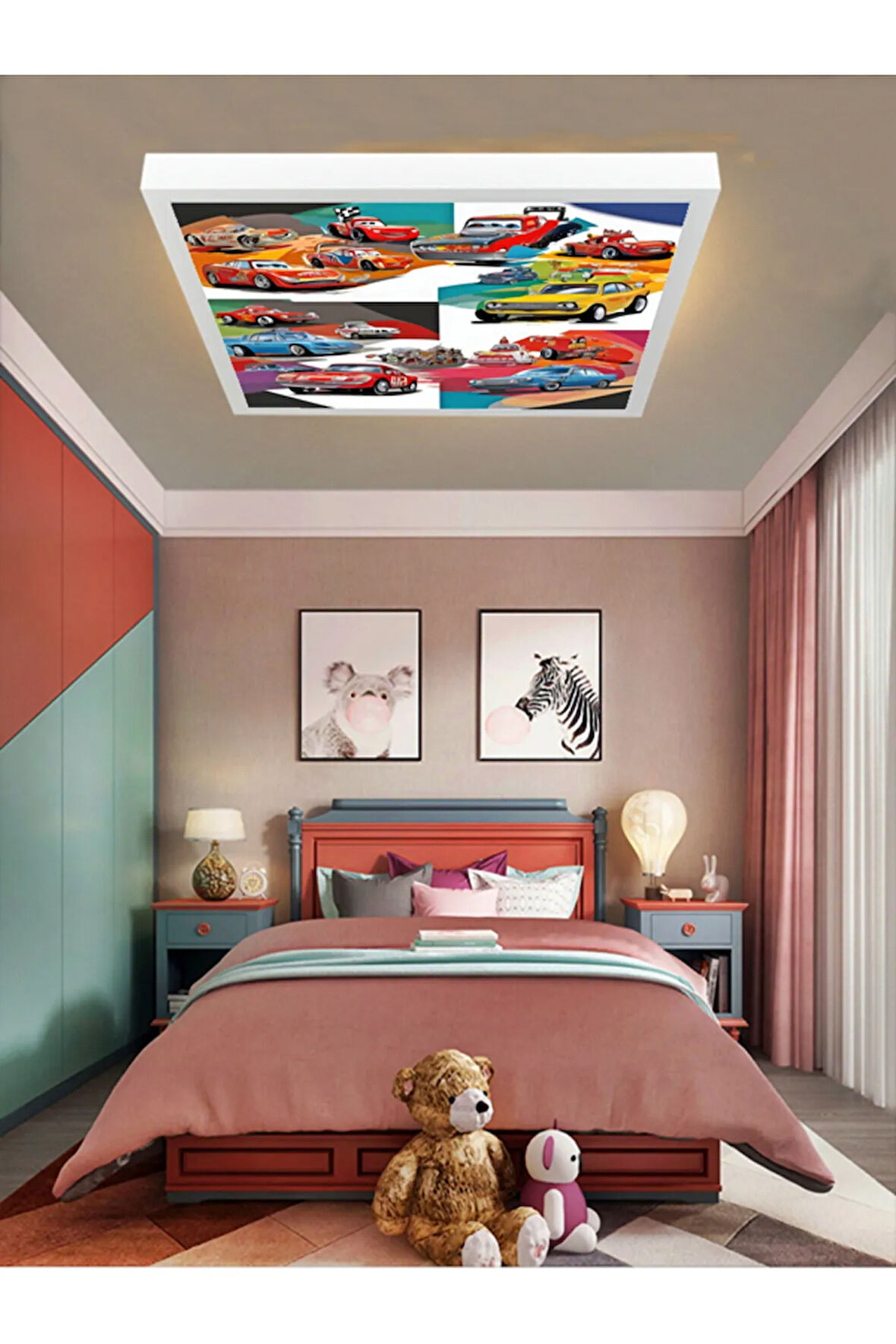 Şimşek Mcqueen Avize, 60x60 Çocuk Odası Avize, 60watt, estetik kare, Yapay Zeka Tasarım Avize, Pist