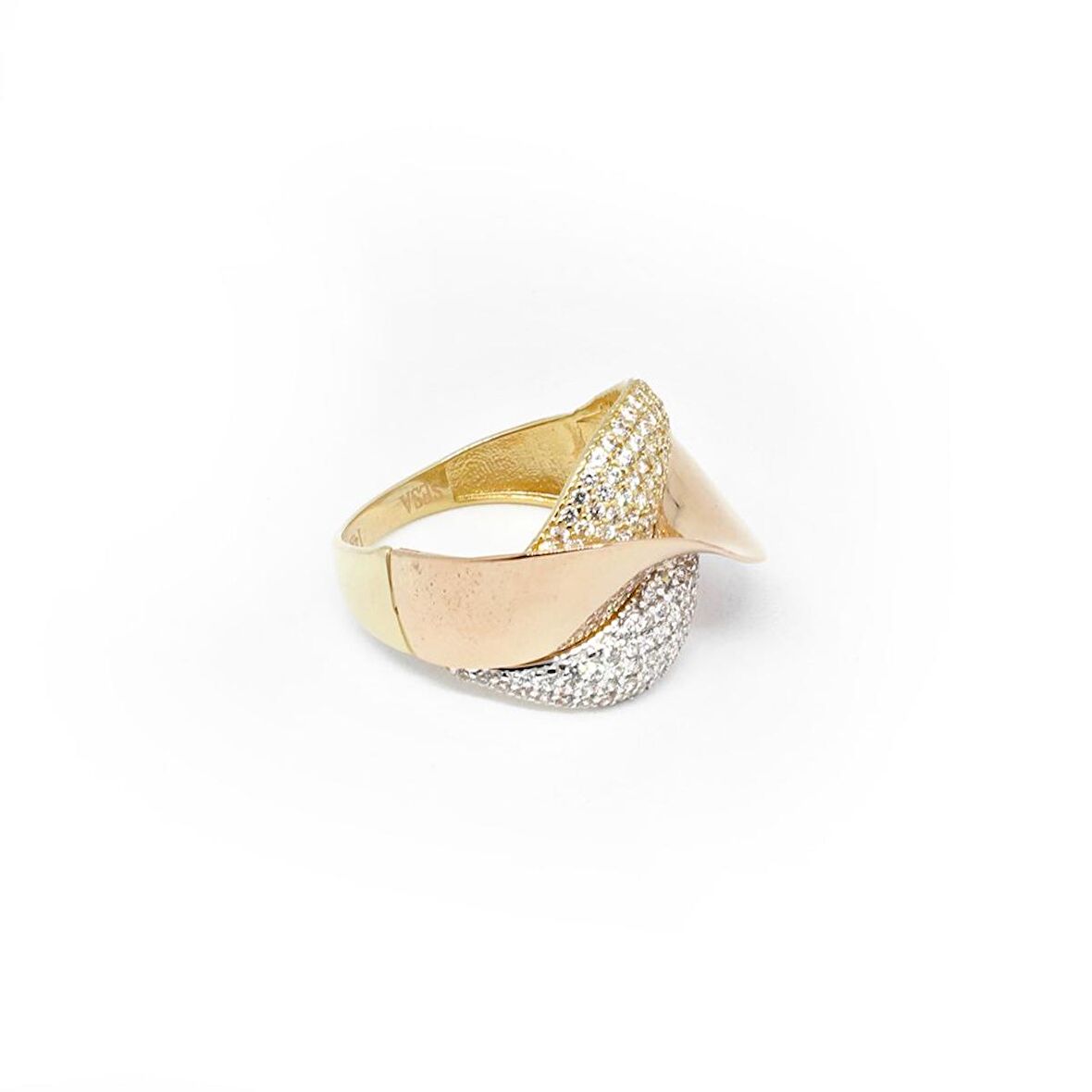 14 Ayar Çift Renk Swarovski Taşlı Fantezi Yüzük