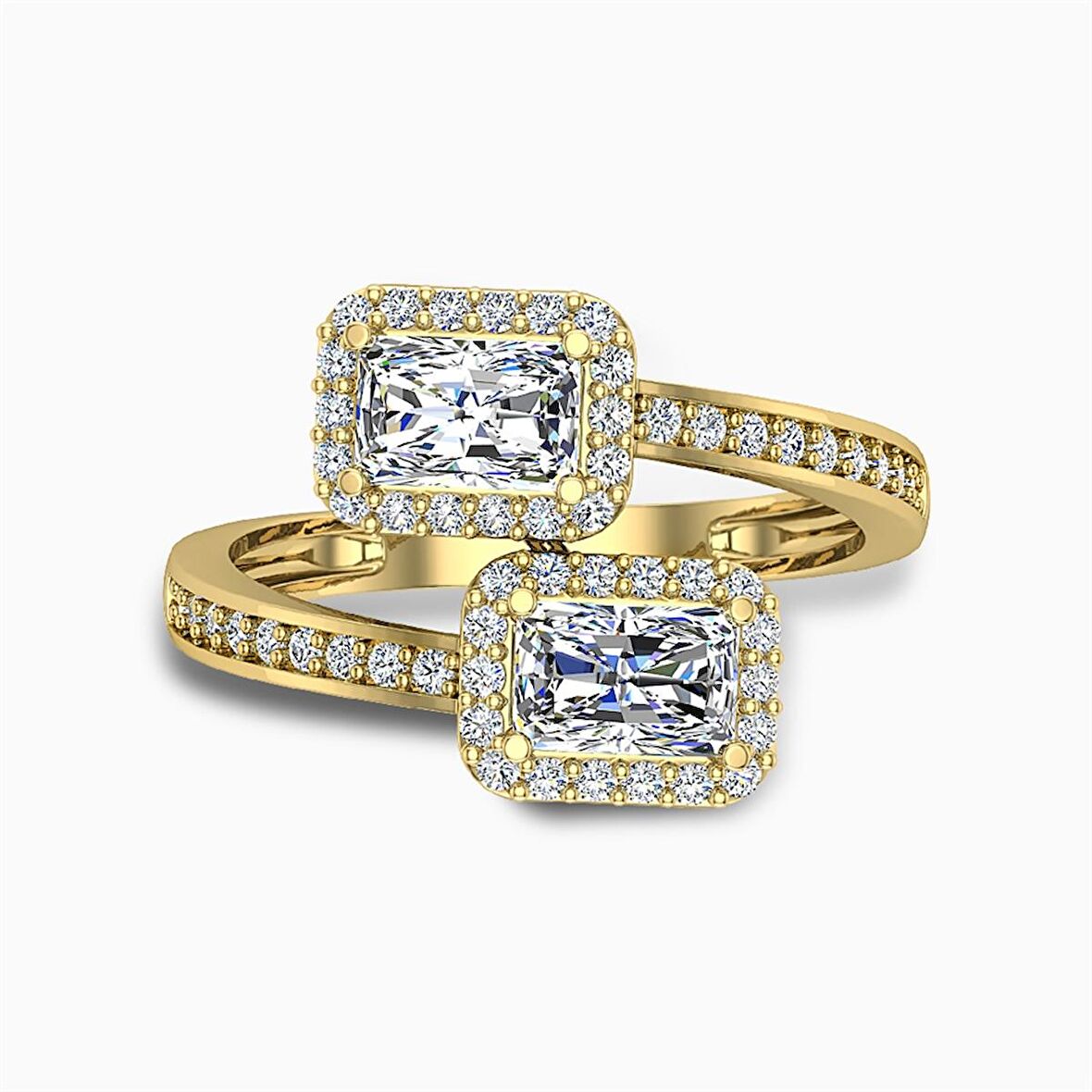 Kolları Taşlı Çift Baget Altın Yüzük 14 Ayar