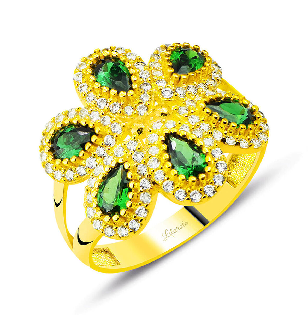 Altın Zümrüt Taşlı Çiçek Tasarım Yüzük