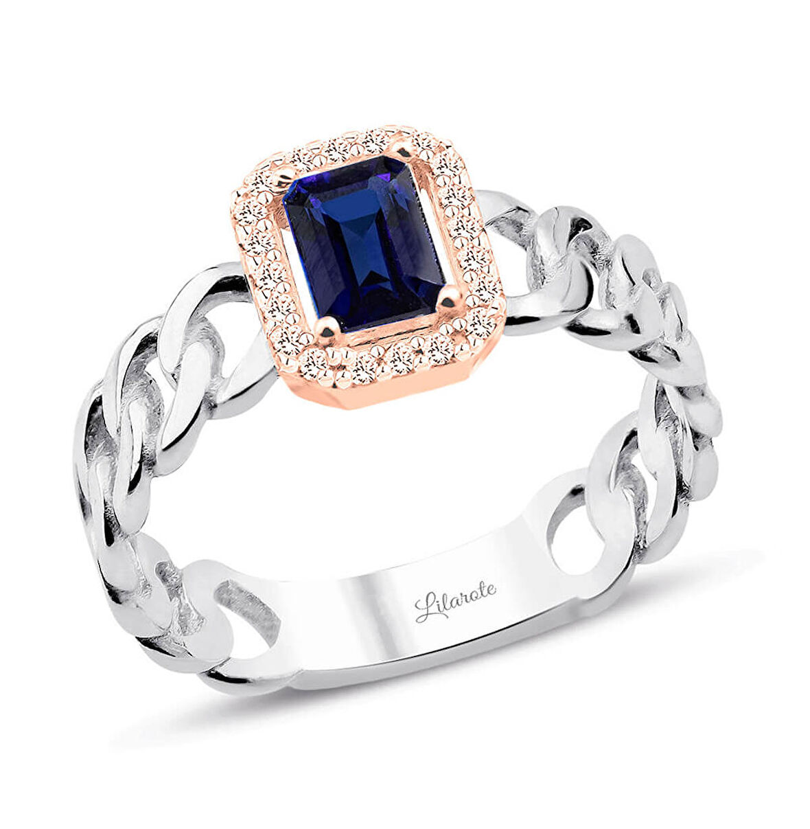 Halkalı Safir Baget Yüzük Rose Beyaz Altın İtalyan Tasarım