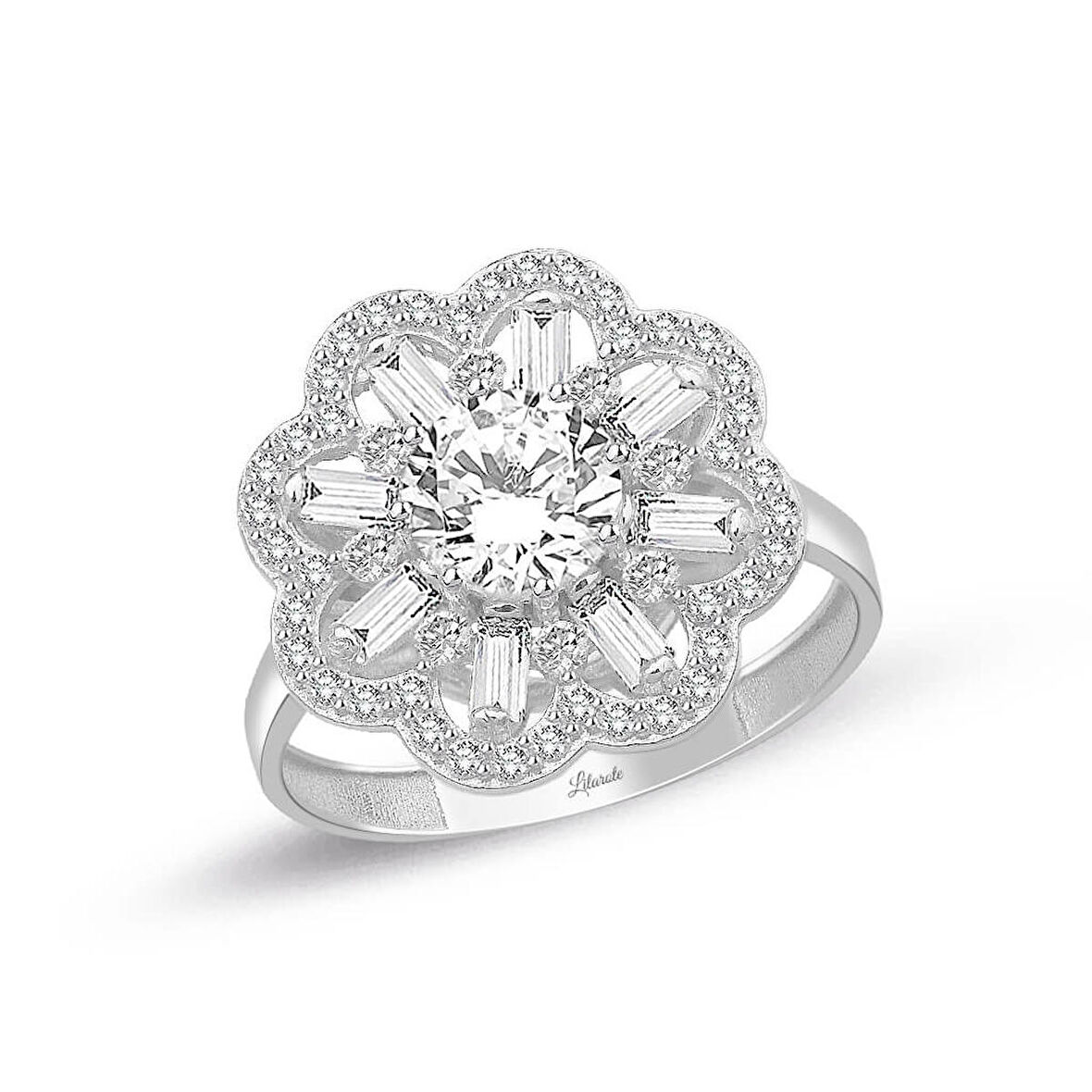 Baget Taşlı Papatya Model Beyaz Altın Yüzük