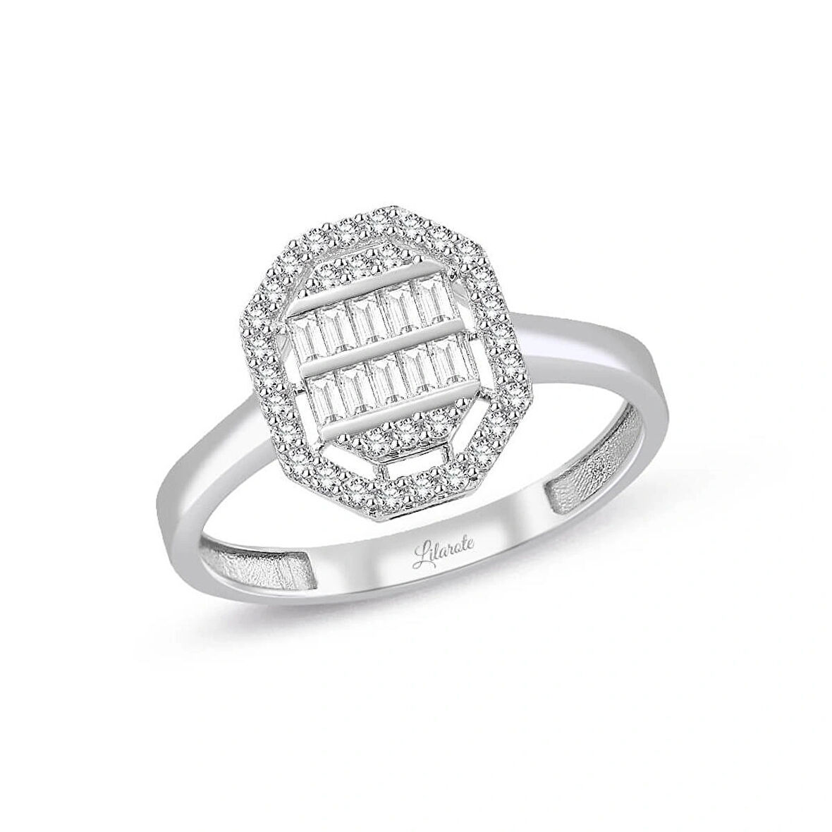 Sekizgen Baget Taşlı Beyaz Altın Yüzük