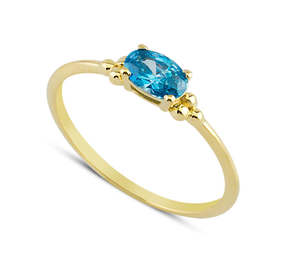 14 Ayar Altın Mavi Oval Taşlı Yüzük YZK008B