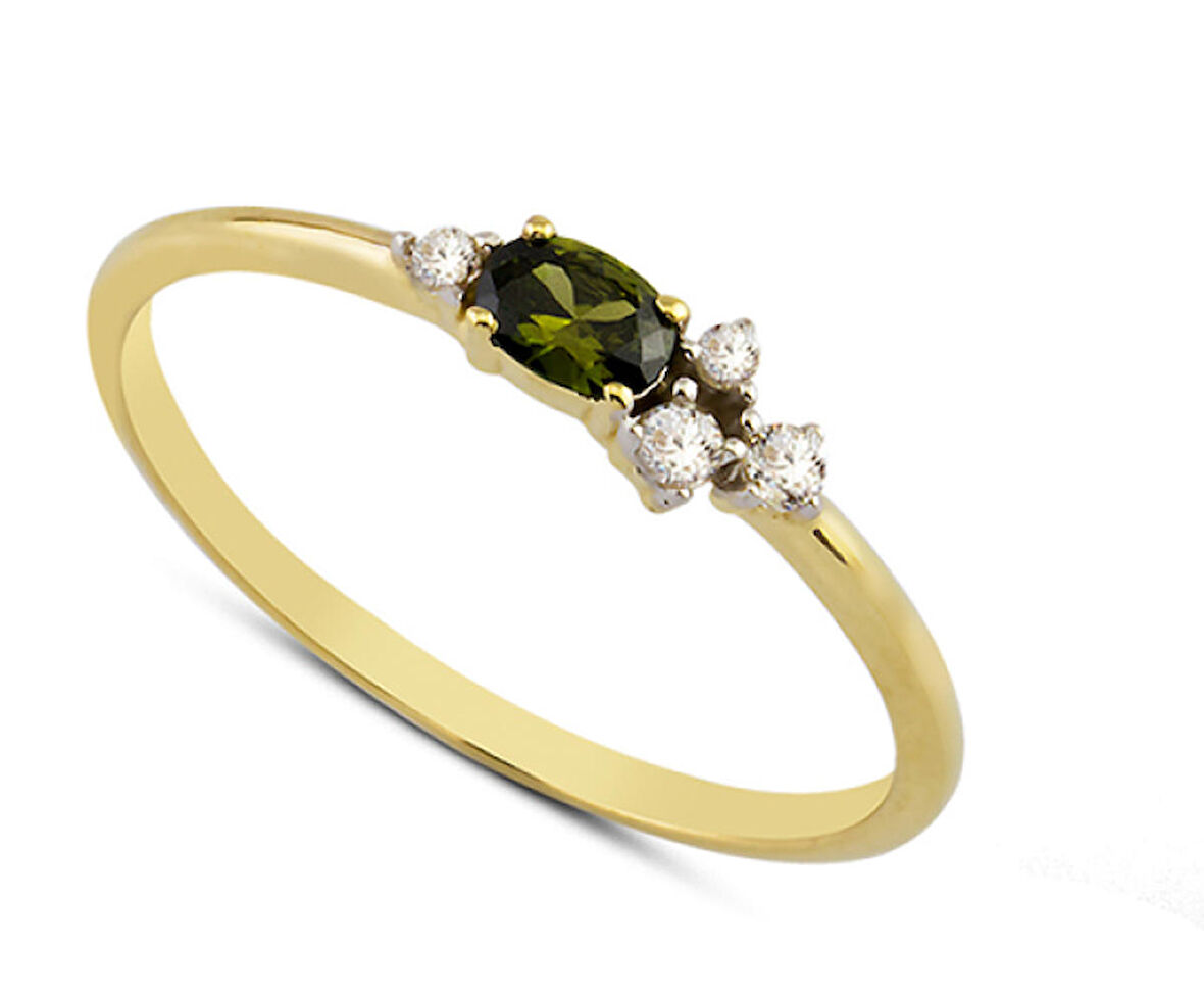 Harem Altın 14 Ayar Altın Yeşil Oval Taşlı Yüzük YZK009A