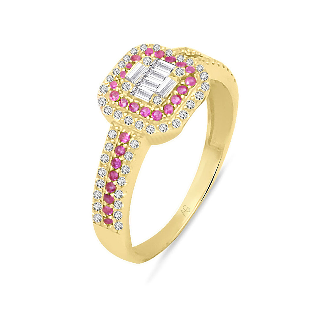 Renkli Taşlı Altın Baget Yüzük (YZK0204)