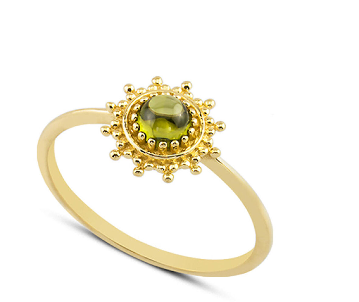 14 Ayar Altın Yeşil Yuvarlak Taşlı Yüzük YZK055B