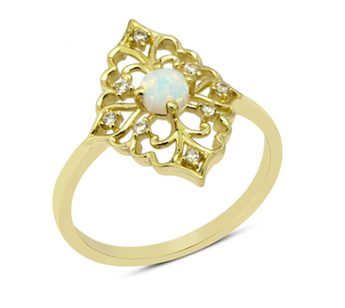 14 Ayar Altın Beyaz Taşlı Motifli Yüzük YZK065A