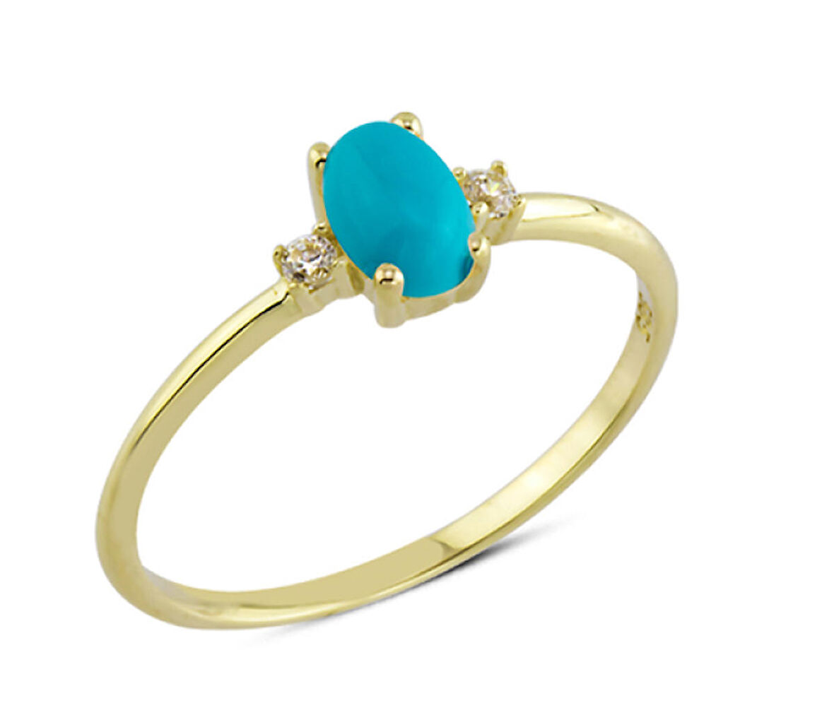 14 Ayar Altın Mavi Oval Taşlı Yüzük YZK098A