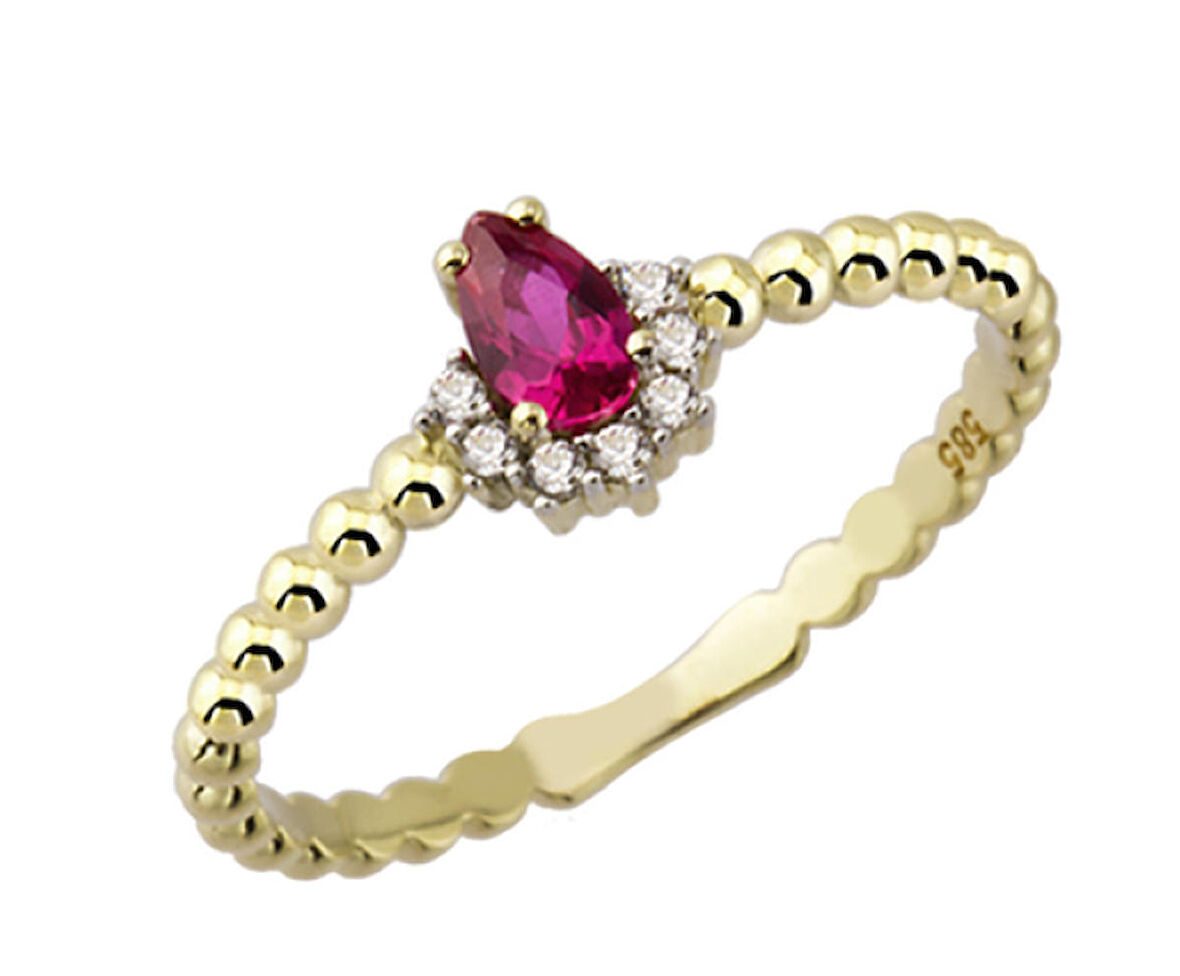 14 Ayar Altın Pembe Damla Taşlı Yüzük YZK107B