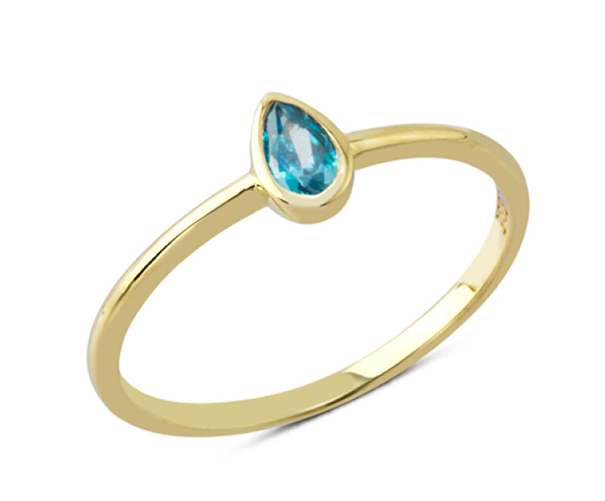 14 Ayar Altın Mavi Sıvamalı Damla Taşlı Yüzük YZK117B