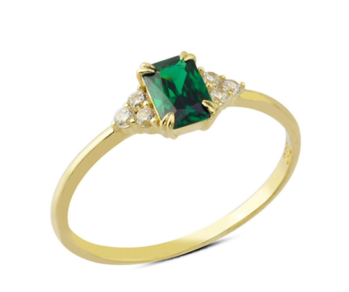 14 Ayar Altın Yeşil Baget Taşlı Yüzük YZK120B