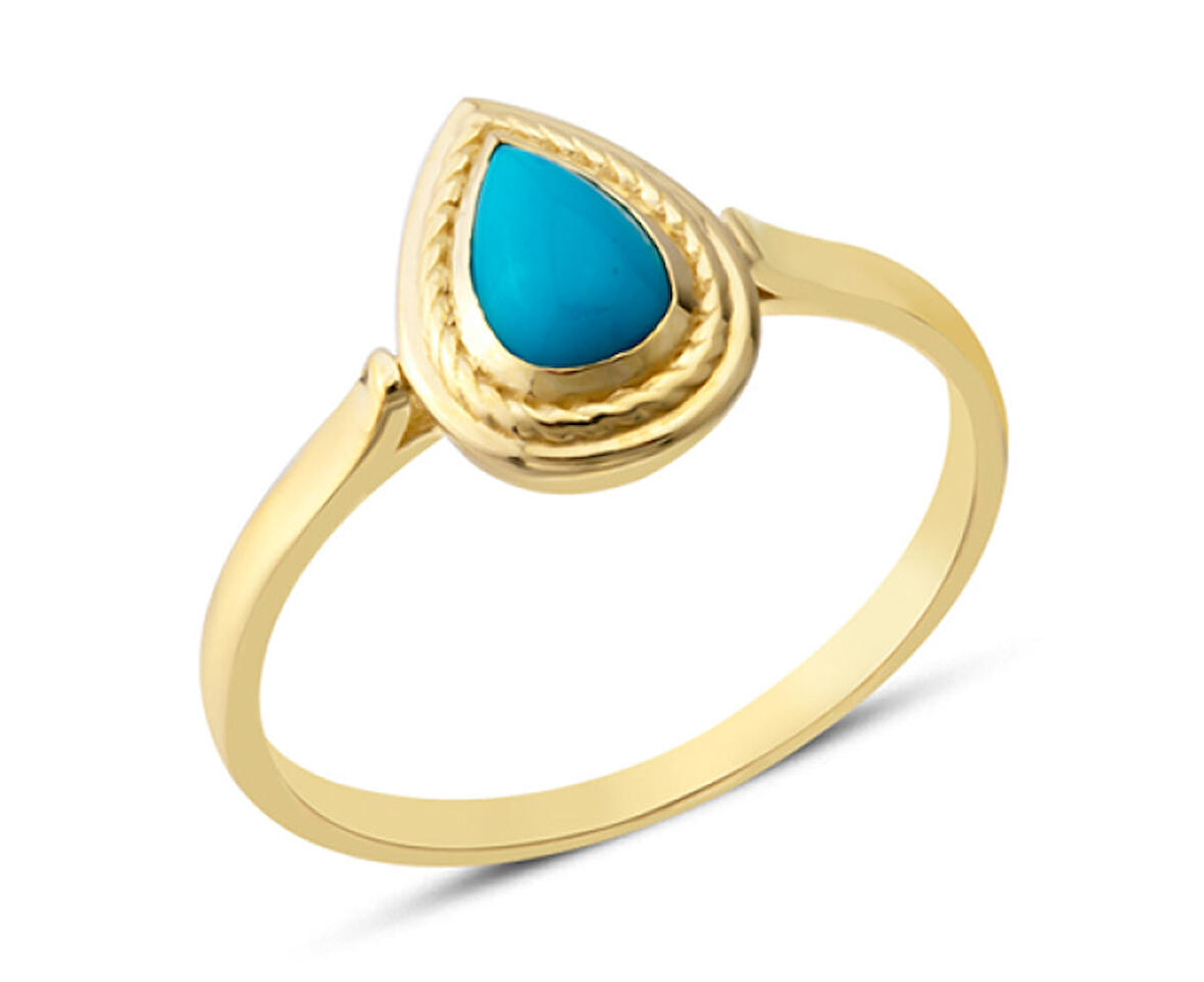 14 Ayar Altın Sıvamalı Mavi Damla Taşlı Yüzük YZK378A