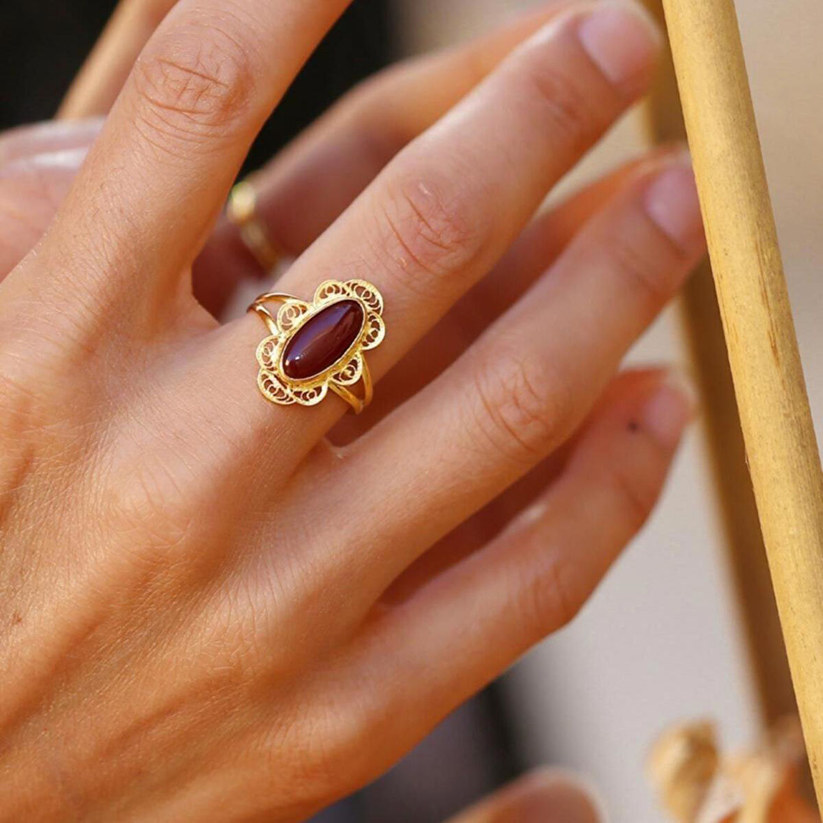 14 Ayar Altın Telkari Akik Yüzük