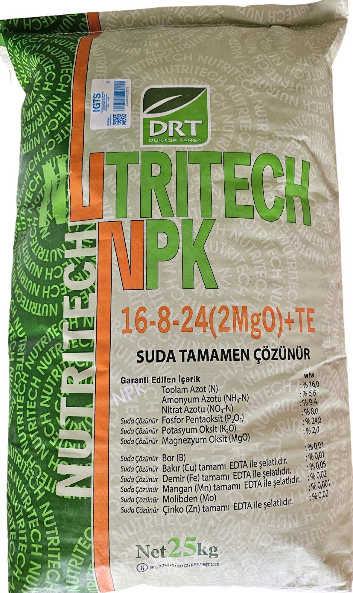 NUTRİTECH 16-08-24+(2MgO)+TE Damlama Gübresi (5 Kg)g