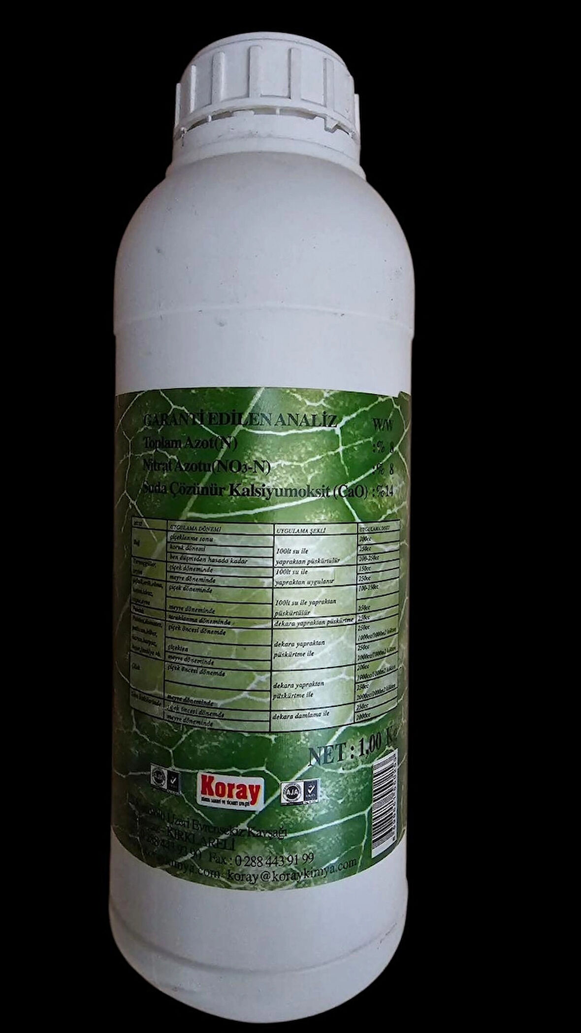 Sıvı Kalsiyum Gübresi, Koragri Ca, Kalsiyum Nit.Rat Ec Fertilizer Yaprak Damlama Gübresi 1 Lt