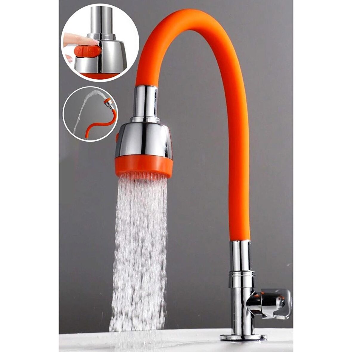 Yayke Oynar Başlıklı Tasarruflu Silikon Musluk Başlığı Kubar Çift Fonksiyonlu Turuncu