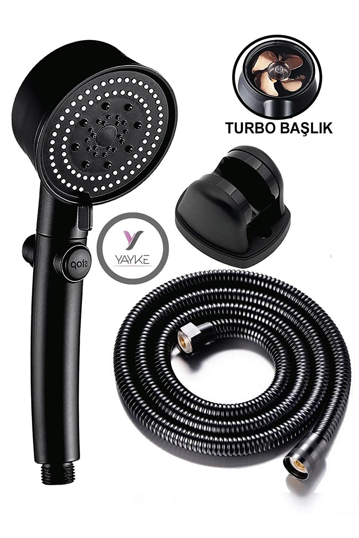 Yayke Turbo Pervaneli 5 Fonksiyonlu Duş Başlığı Duş Hortumu 150 Cm Ve Mafsal Set