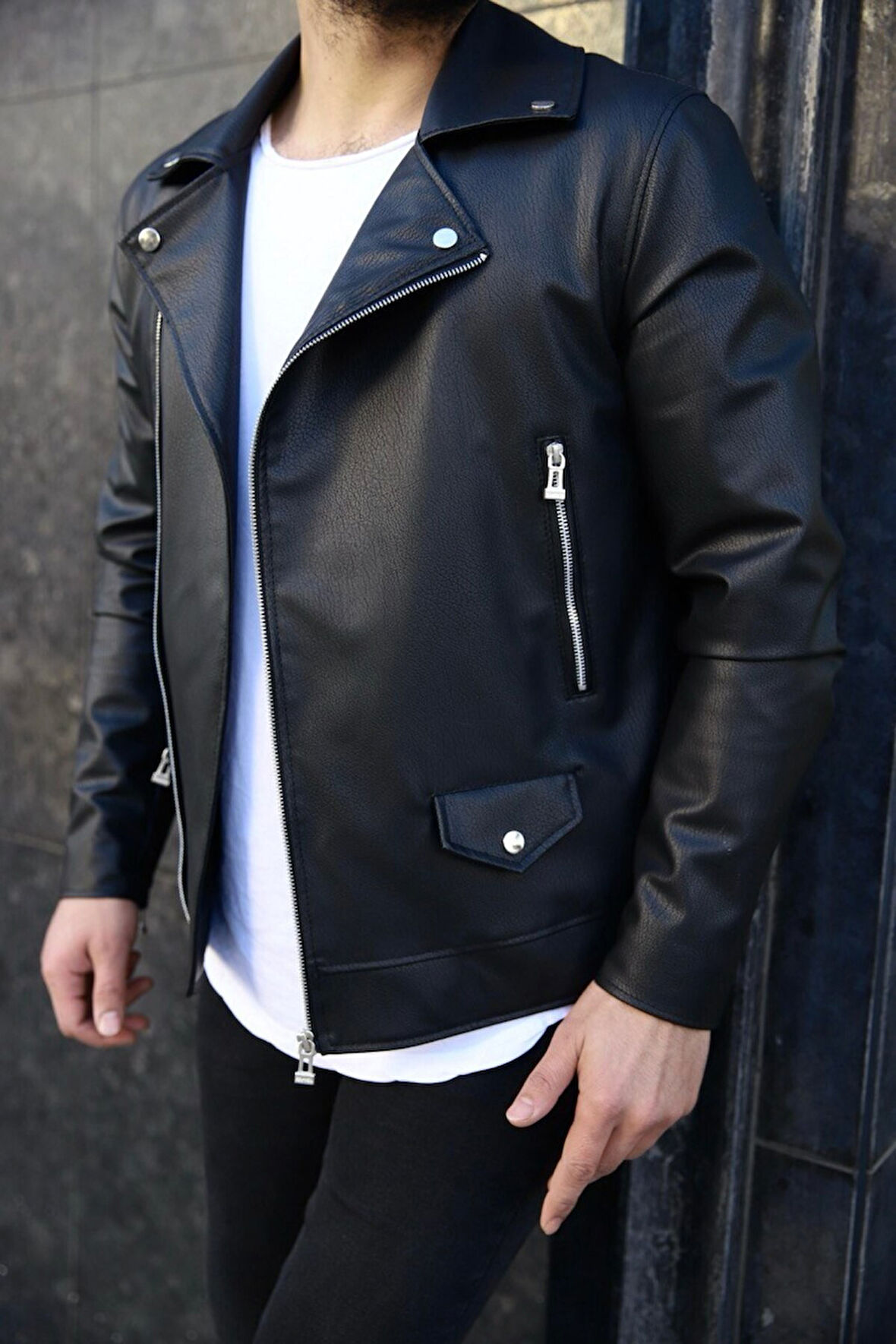 Yeni Sezon Slim Fit Biker Deri Ceket