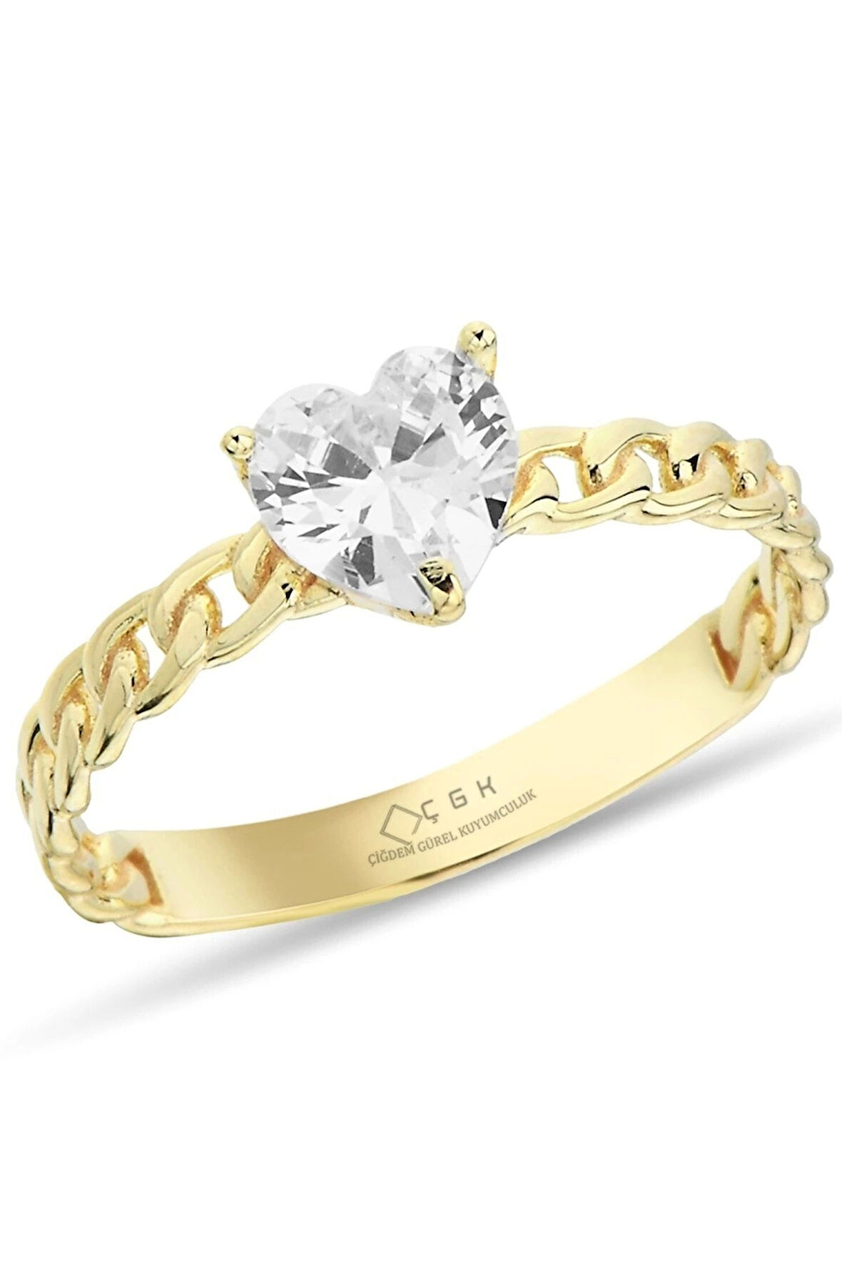 Gurmet Detaylı Kalpli Tektaş Altın Yüzük