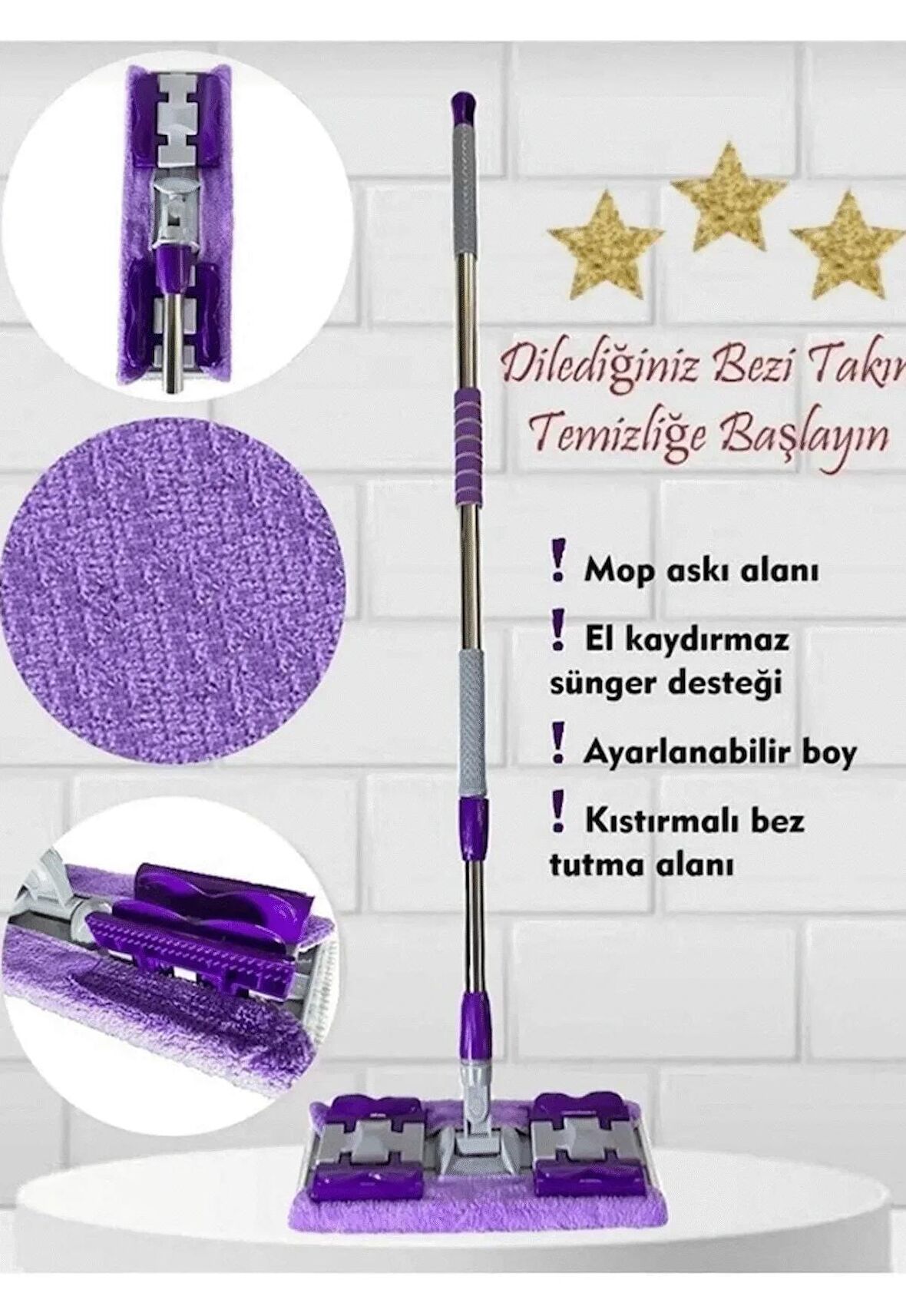 (1 Adet Yedek Bez Hediyeli ) Yer Mopu Fayans Duvar Yüzey Temizlik Mikrofiber Mandallı Mop